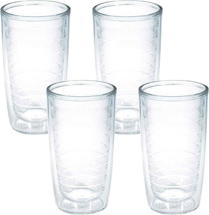 Clear & Colorful Tabletop Made in USA Double Walled Insulated Tumbler Travel Cup Keeps Drinks Cold & Hot, 16oz - 4pk, Clear