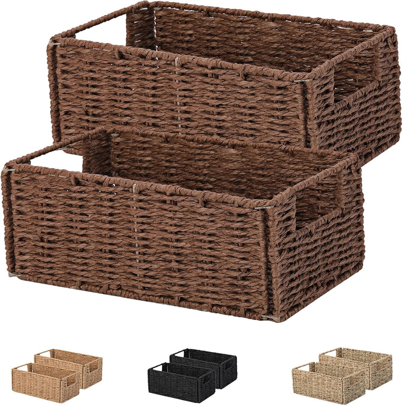 Small Wicker Storage Baskets, Hand-Woven Paper Rope Storage Organizer Baskets Wi
