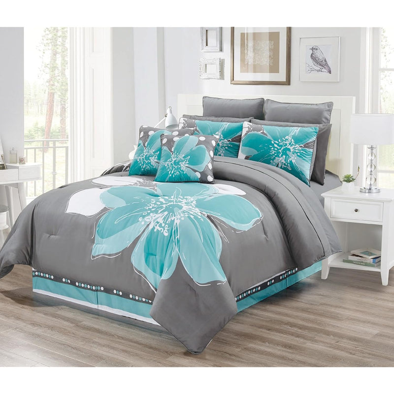 12 - Piece Aqua Blue, Grey, White Floral Bed-In-A-Bag King Size Bedding + Shee