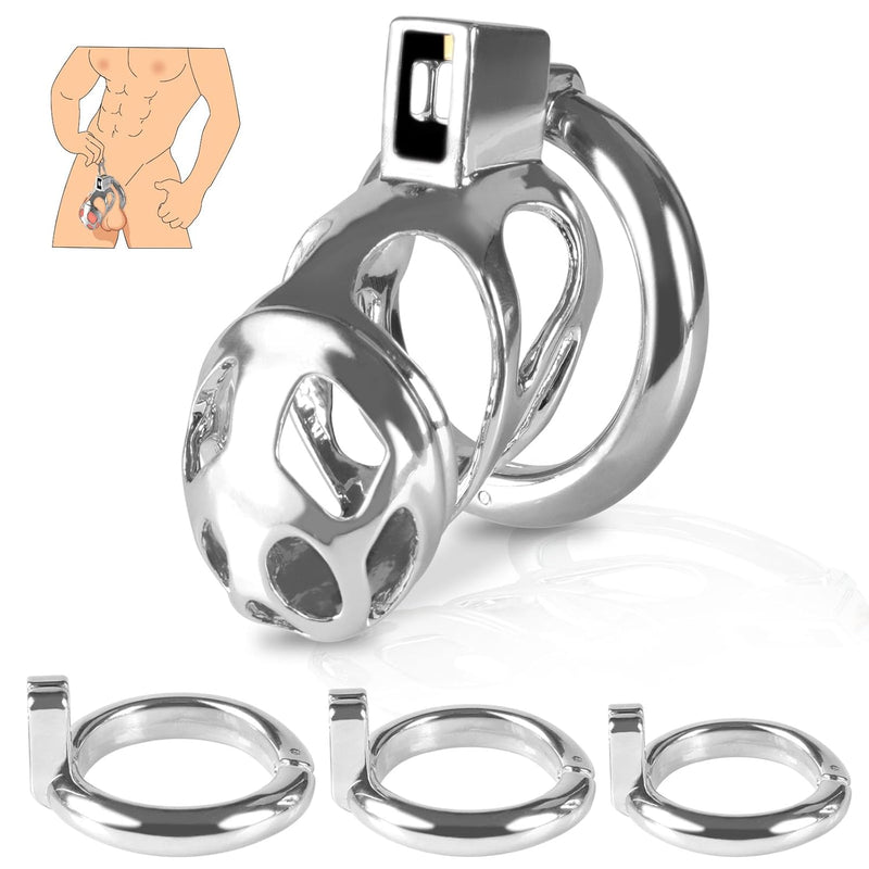 Male Chastity Cock Cage-Zinc Alloy Hidden Lock Chastity Cage Chastity 3 Movable Rings And Keys Male Chastity Device Penis Cage Abstinence And Exercise. Men Sex Toy Chastity Device (Silver)
