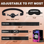 BDSM Restraint Kit with Wrist to Thigh Cuffs, Blindfold, Ball Gag & Bondage Gear