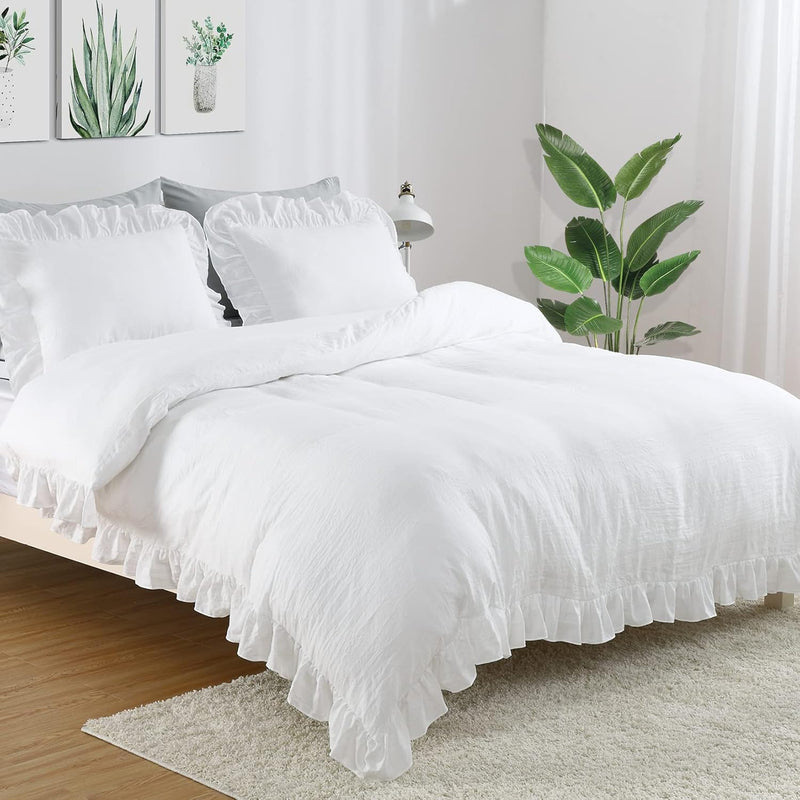White Ruffled Duvet Cover Twin, 2Pcs Soft Washed Microfiber Vintage French Cou