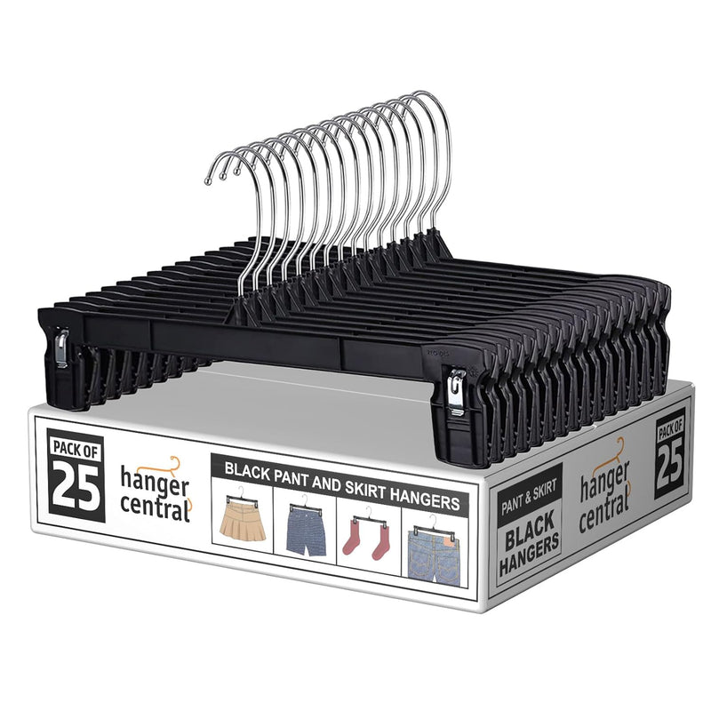 25 Pack Heavy Duty Plastic Bottoms Hangers with Ridged Pinch Clips Pants Hangers, 12 Inch, Black