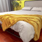Flannel Blanket With Pompom Fringe Lightweight Cozy Bed Blanket Soft Throw Blanket Fit Couch Sofa Suitable For All Season(Mustard Yellow, 40''X 50'')