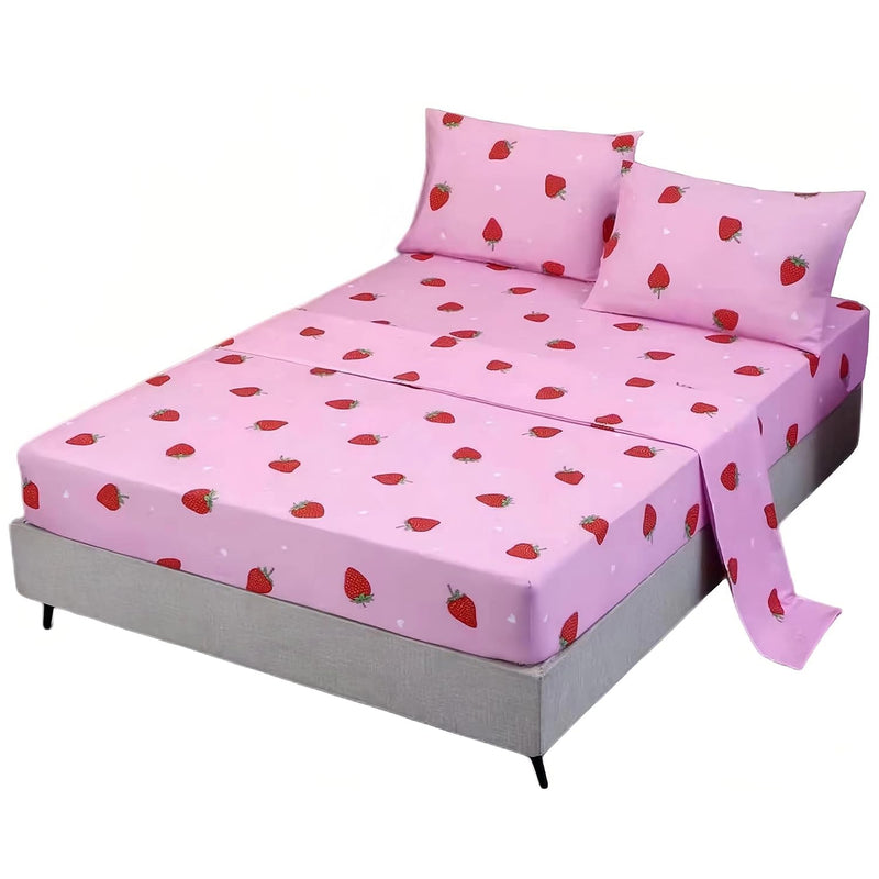 4Pcs Strawberry Bedding Sheets,Queen Size Red And Pink Strawberry Print Sheet