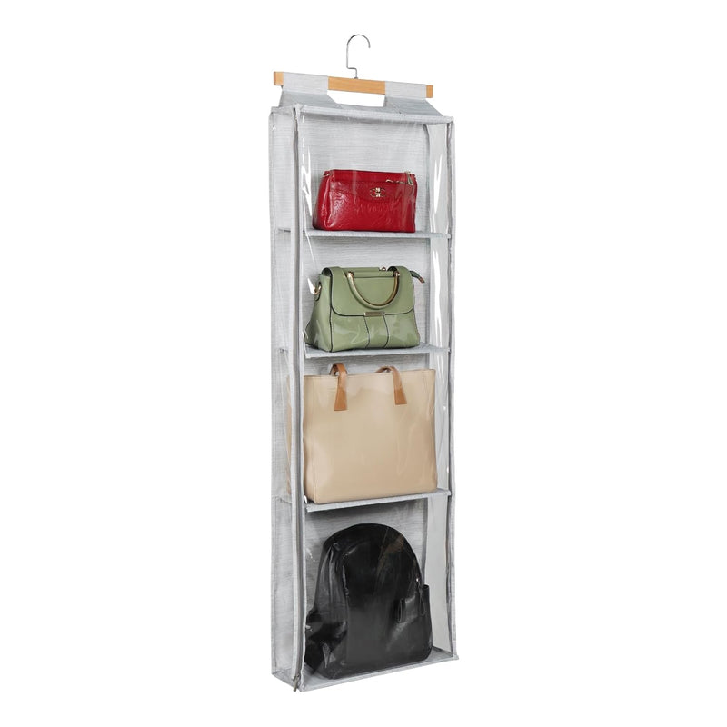 Hanging Handbag Purse Organizer With Zippers, Clear Slubbed Fabric+Pvc Hanging C