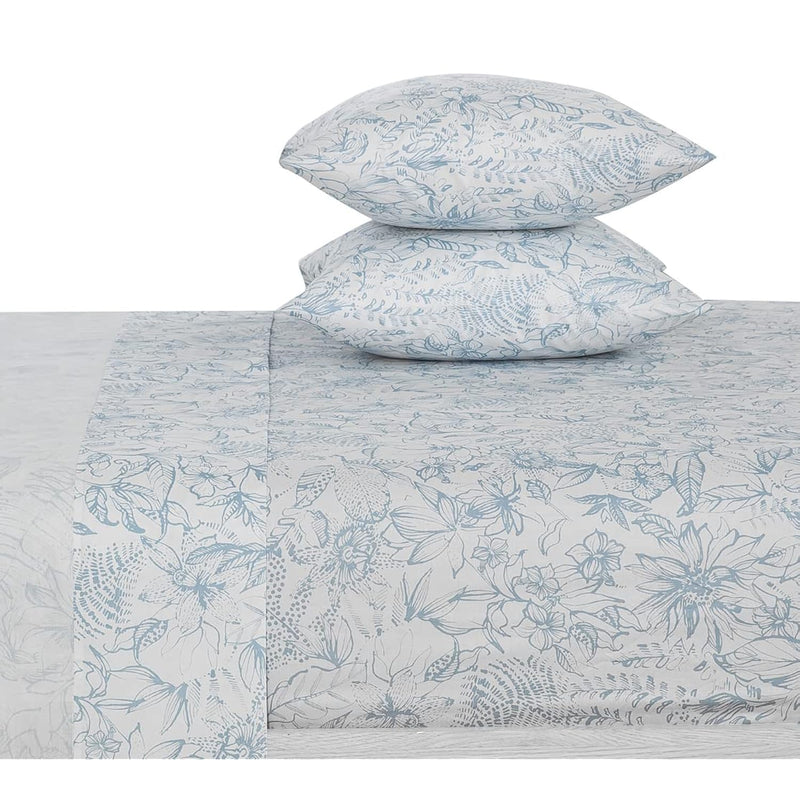 Cotton Sheets Set Queen Size 4 Pieces Flower Bedding Sets, Aqua Blue Floral Pa