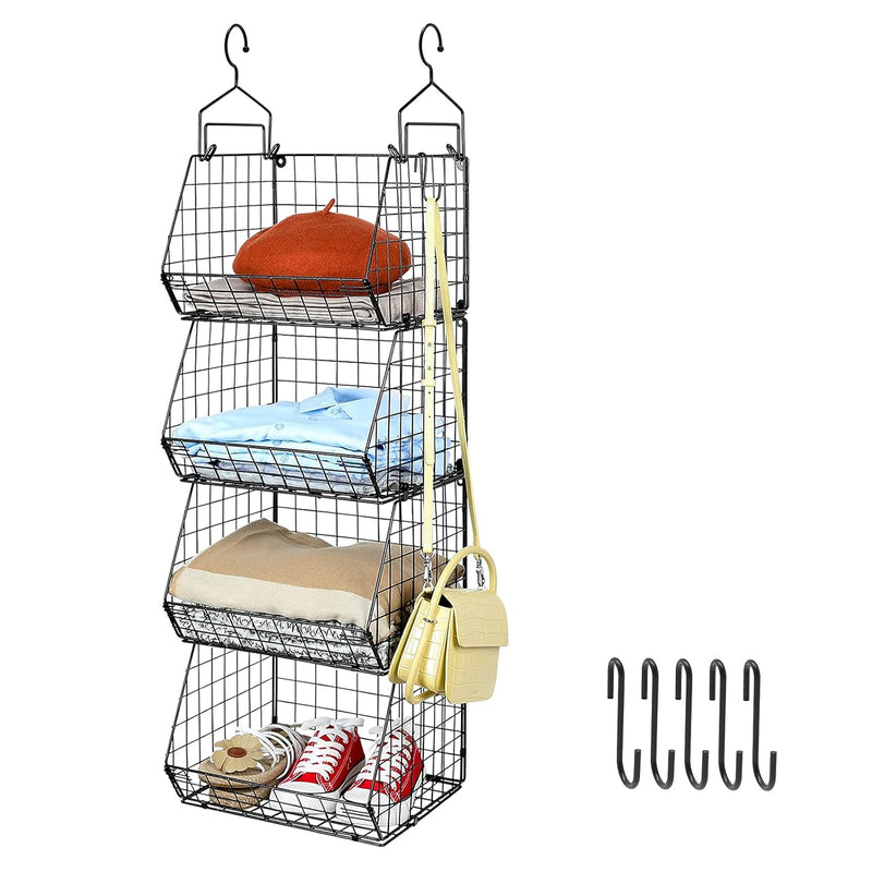 4 Tier Foldable Closet Organizer, Clothes Shelves With 5 S Hooks, Wall Mount&Cab