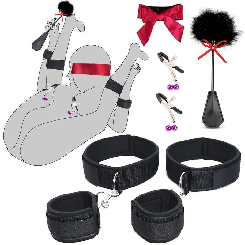 Sex Bondage Wrist & Thigh Cuff Sex Toys, Bdsm Restraints Handcuffs Adjustable Set With Feather Tickler Whip, Nipple Clamps And Blindfold, Bondage Gear & Accessories Adult Couples Sm Toys For Men Women