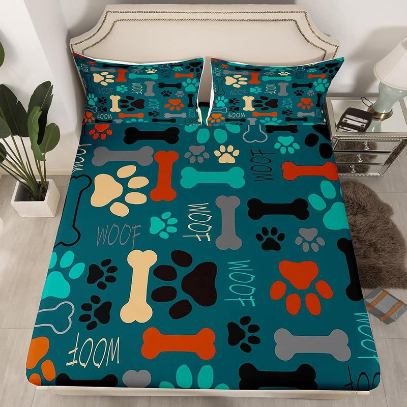 Pup Dog Paw Print Bed Sheets For Girls Boys,Colorful Bones Fitted Sheet For Ki