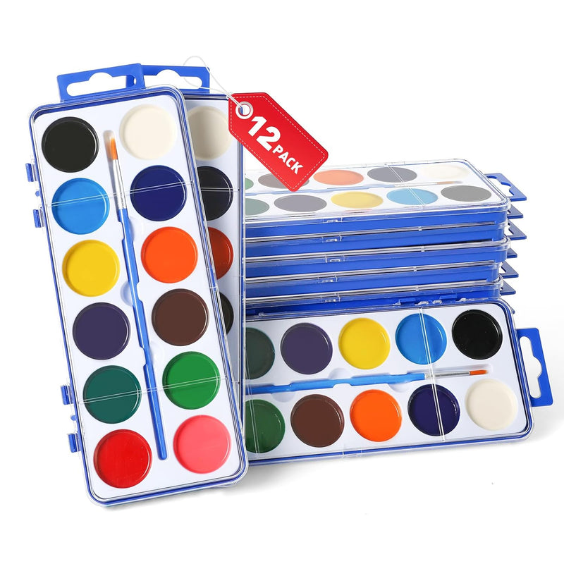 12 Pack Watercolor Paint Set Bulk for Kids, 12 Color Washable Water Colors