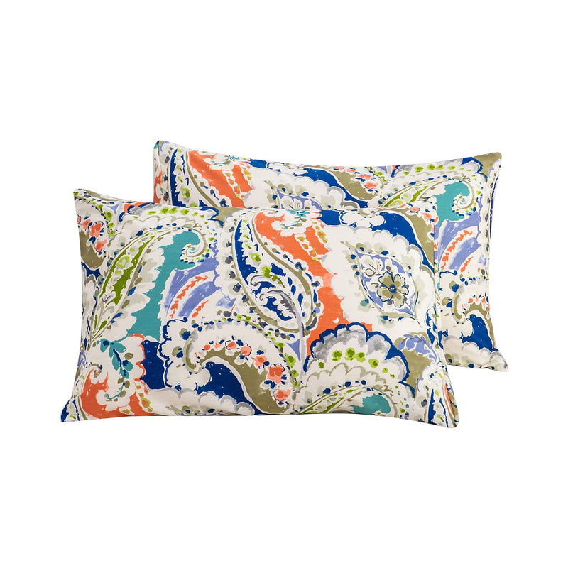 Pillowcases 100% Cotton Queen Size Set Of 2 Orange Blue Boho Paisley Print Dec