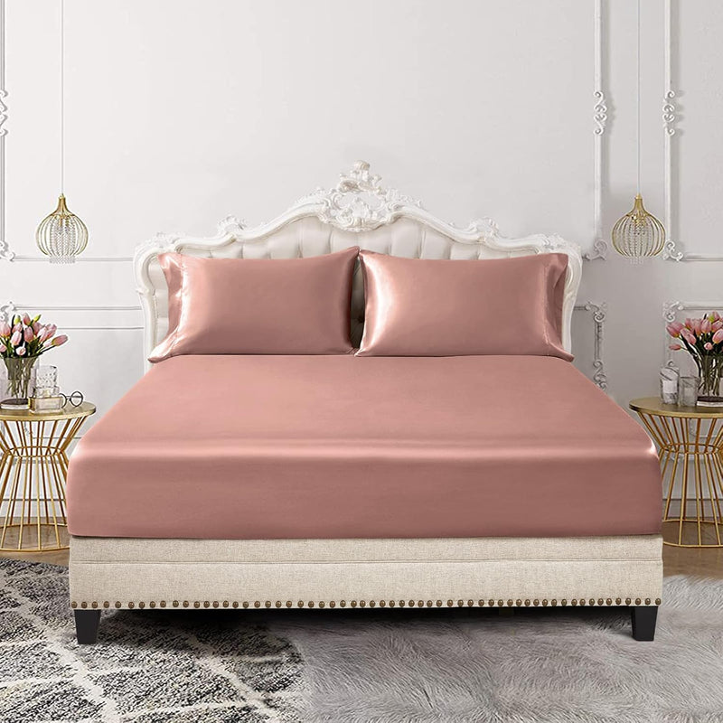 3-Piece Set Satin Full Fitted Sheet & 2 Pillowcase, Champagne Silky Soft Fitte