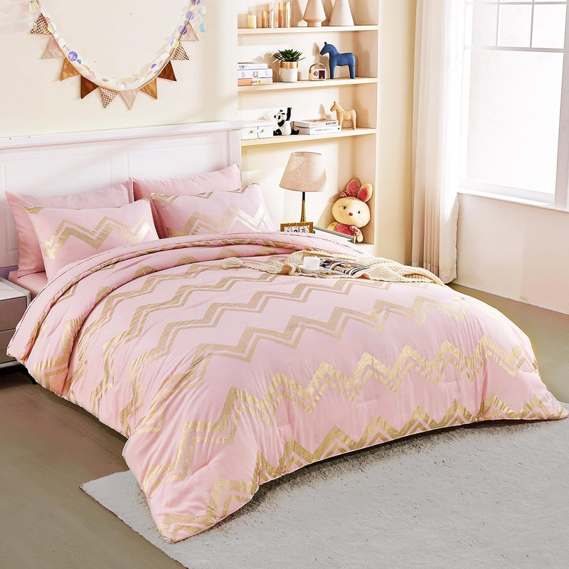 6 Pieces Teen Girl Bedding Sets For Kids, Pink Comforter Set Twin For Girls An