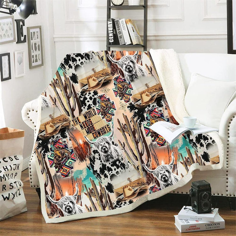 Yanr Cute Cow Print Blanket Desert Landscape Cowboy Sherpa Fleece Blanket Fluf