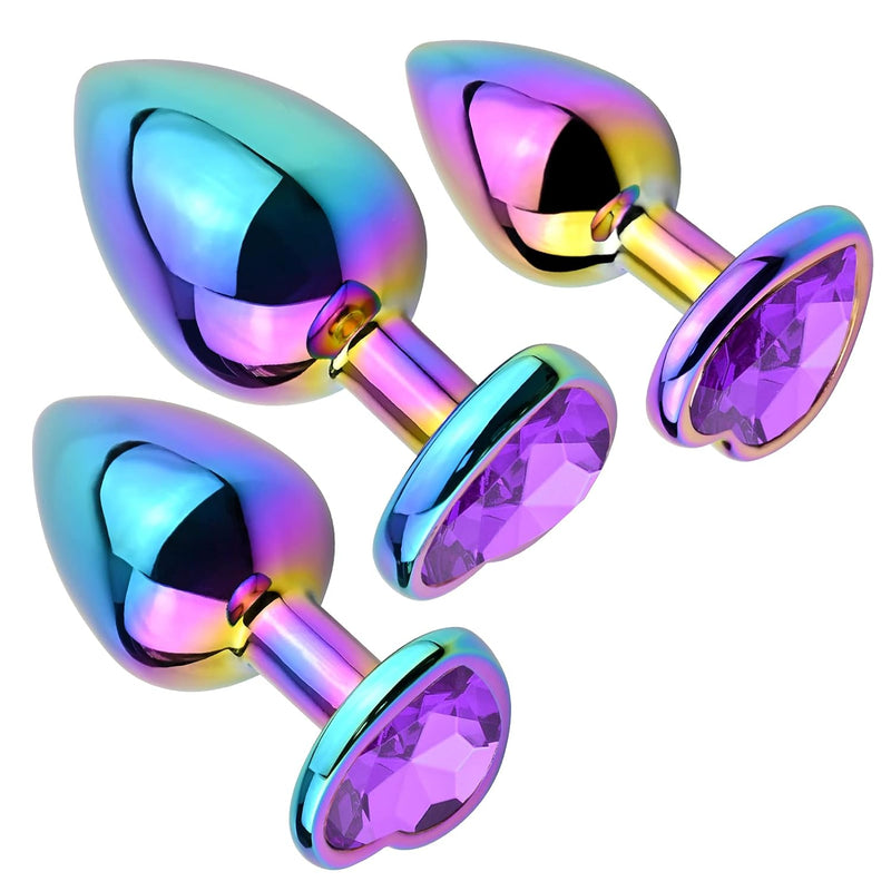 Anal Plugs 3Pcs Anal Trainer Set Colorful Metal Butt Plug Heart Shape Jewelry Anal Sex Toys For Beginners Advanced Users (Dark Purple)