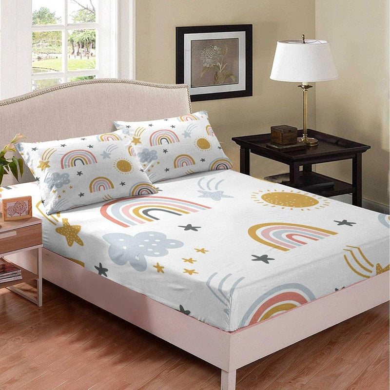 Girls Rainbow Fitted Sheet Sun And Stars Sheet Set Queen Size For Kids Boys Ch