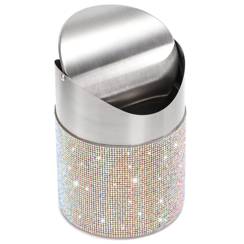 Countertop Trash Can, 1.5 Liter Bling Rhinestone Garbage Bin With Swing Lid For