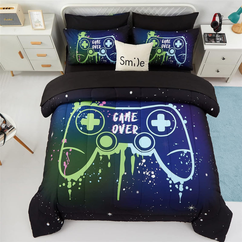 Kids Gaming Bedding Sets Queen Size For Boys Teen, 5 Piece Bed In A Bag Gamer