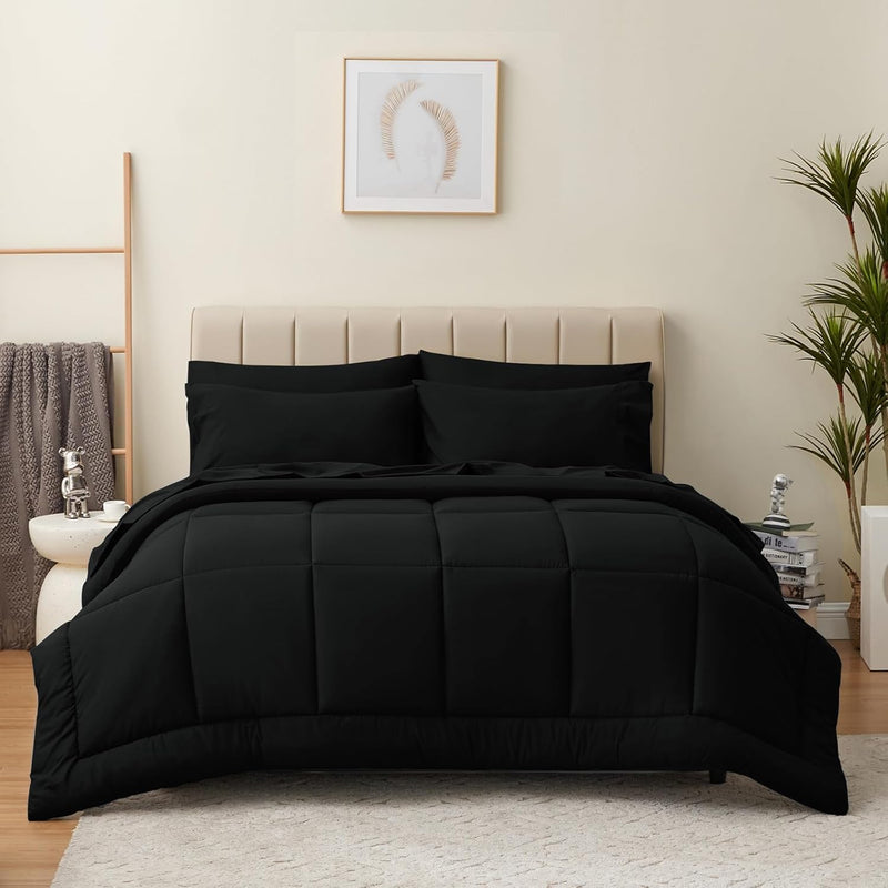 Queen Comforter Set - 7 Pieces Bed In A Bag Set Black, Bedding Sets Queen With