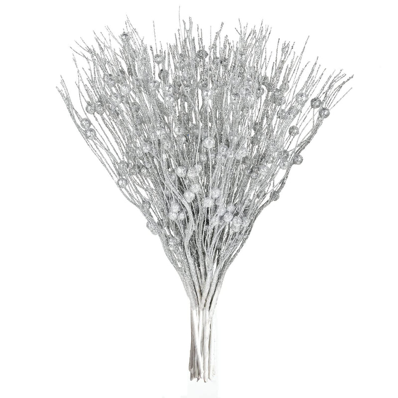 22 Pack Christmas Glitter Berries Stems,16.5 Inch Silver Christmas Picks For F