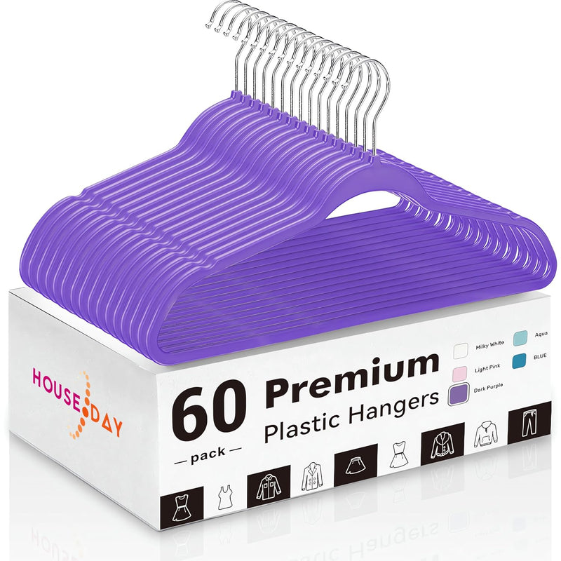 60 Pack Plastic Hangers, Purple Hangers Extra Wide With 360°Swivel Hook, Space S