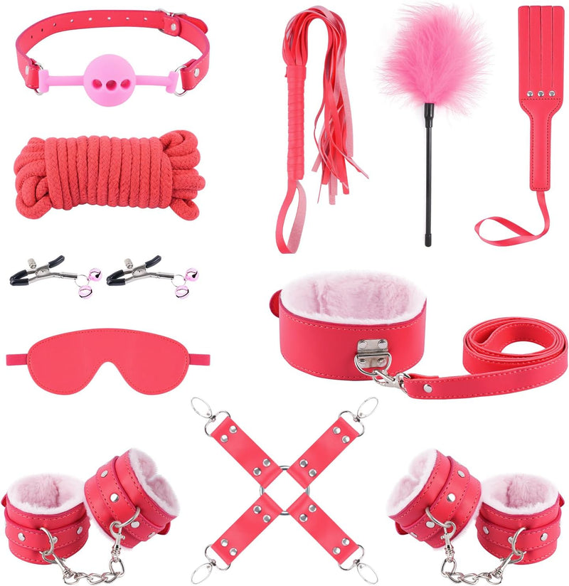 BDSM Kit Sex Bondage Restraints - Upgraded 11PCS Bondage Set with Adjustable Handcuffs Ankle Cuffs Collar Blindfold Silicone Ball Gag, Adult BDSM Sex Toys for Couples