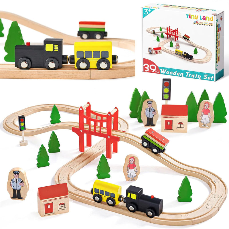 Tiny Land Wooden Train Set for Toddler - 39 Pcs- with Wooden Tracks fits Th
