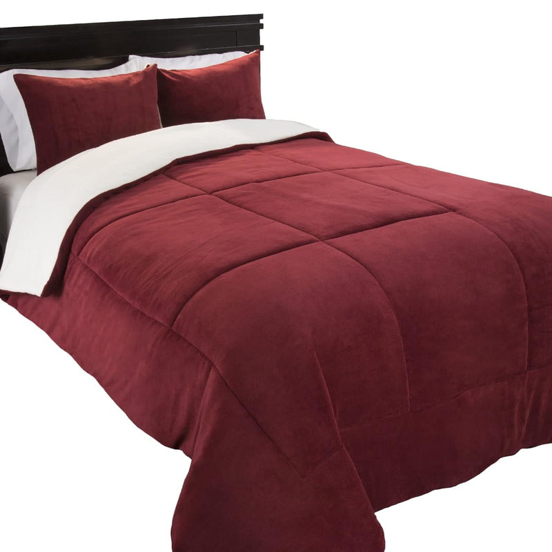 3 Piece Sherpa/Fleece Comforter Set - F/Q - Burgundy