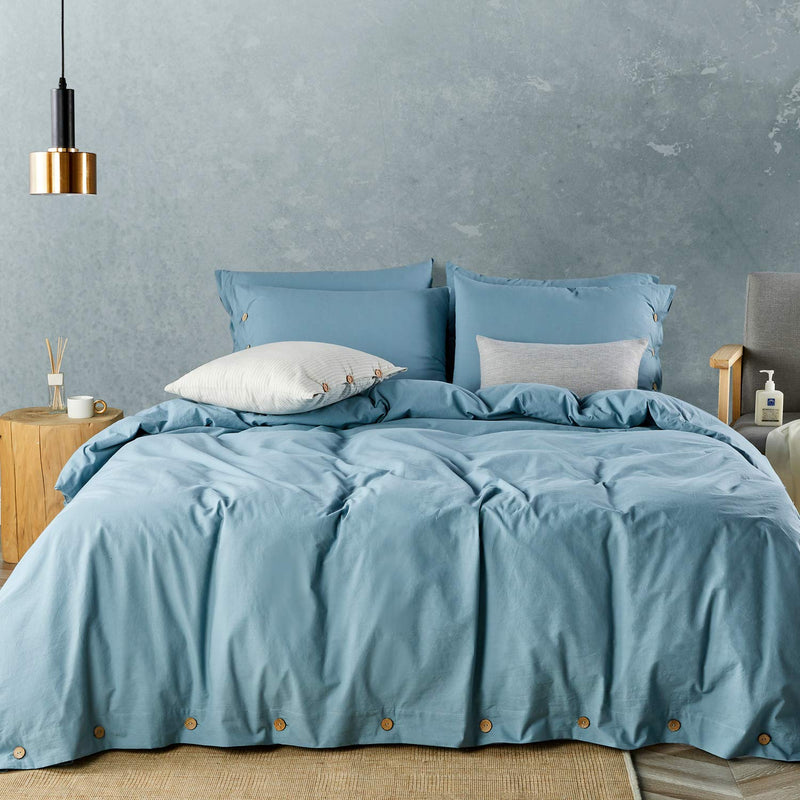 Grayish Blue 100% Washed Cotton Duvet Cover Set, 3 Pieces Luxury Soft Bedding