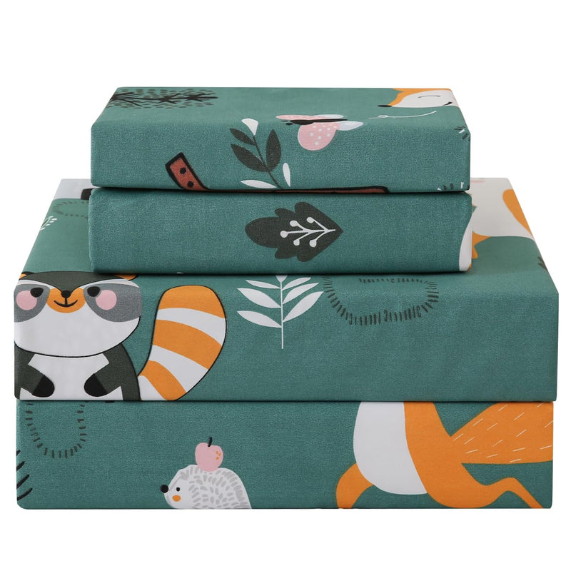 Green Animal Forest Kids Sheet Set Twin 3 Piece, Cute Printed Microfiber Bed S