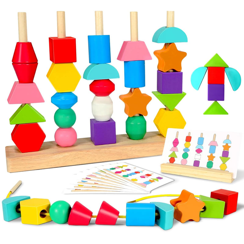 Montessori Toys For 2 3 4 Year Old Wooden Shape Matching Game & Lacing Bead