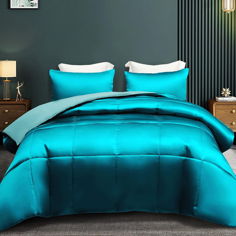 3-Piece Reversible King Size Silk Comforter Set/ Bedding Set, Soft Satin Comfo