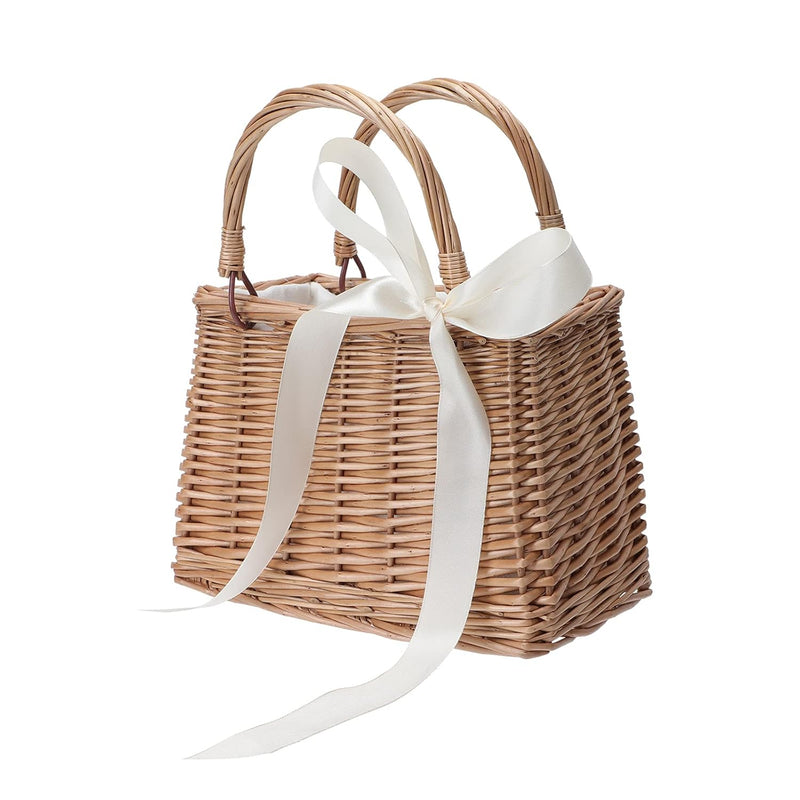 Flower Girl Basket Boho Style Rattan Baskets With White Ribbon For Weddings, Cla
