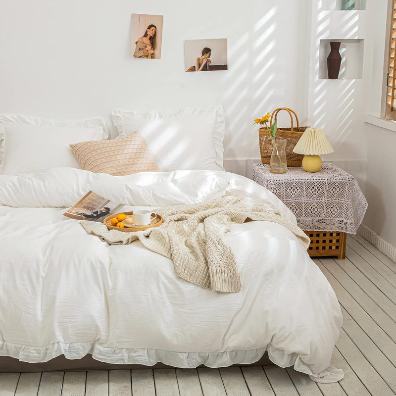 White Boho Bedding Set Twin White Duvet Cover Set Shabby Chic Ruffled Fringe S