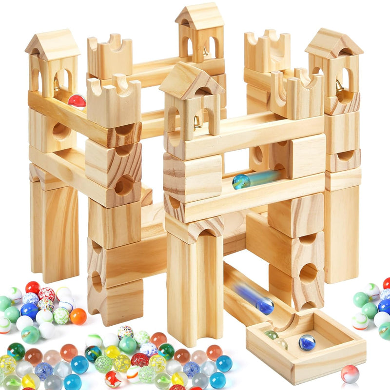 Wooden Marble Run For Kids Ages 4 8, 120 Pieces Wood Building Blocks And Co
