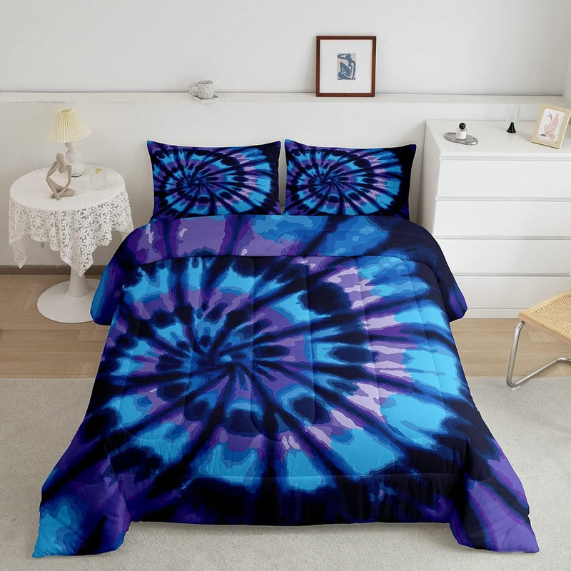 Purple Tie Dye Down Comforter, Blue Spiral Tie Dye Comforter Set, Hippie Bed C