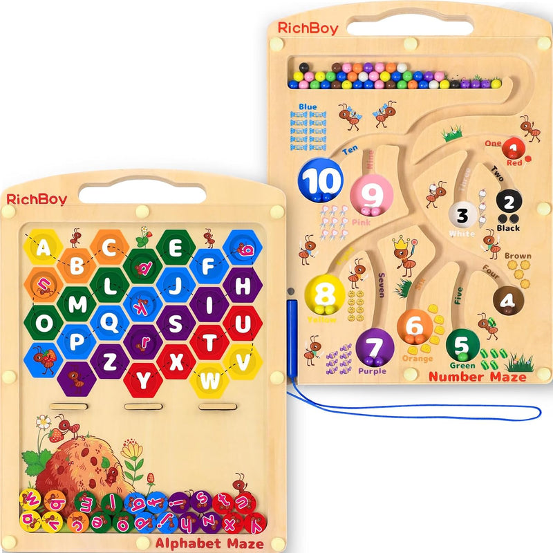 Magnetic Number Alphabet Maze Board, 2 In 1 Double Side Wooden Puzzle Color