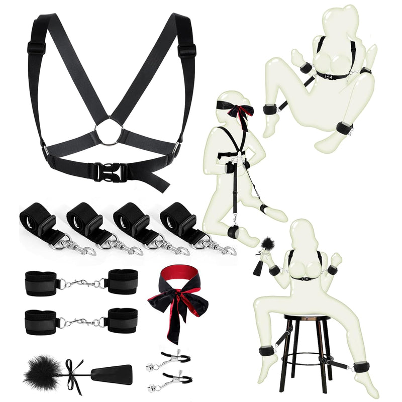 Sex Bondage Restraints Bdsm Kit 13Pcs, Adjustable Bdsm Chest Restraints Adult Couples Sex Toys Set Incl Sex Straps Handcuffs Blindfold Nipple Clamps, Sex Restraints For Men Women Sex Sm Games Play