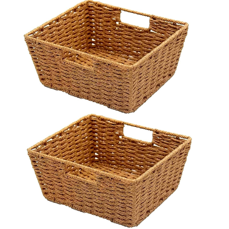Woven Wicker Storage Baskets With Built-In Carry Handles - 9.75"L X 8.5"W X 4.5"