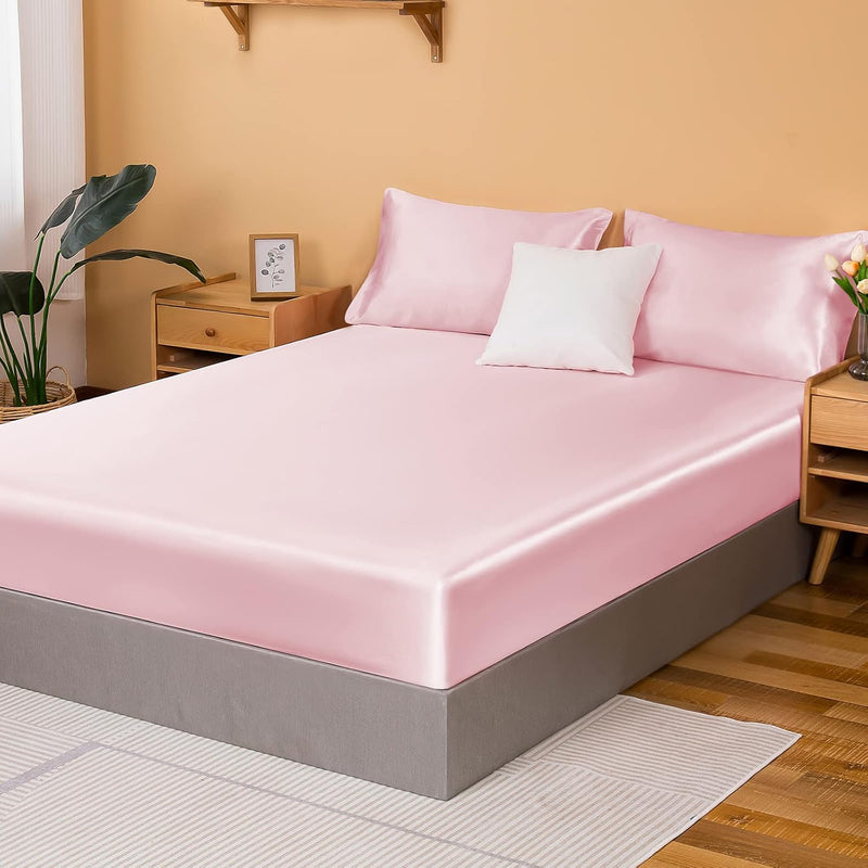 Satin Fitted Sheet Queen, Single Silky Fitted Sheet Only Soft Deep Pocket Bott