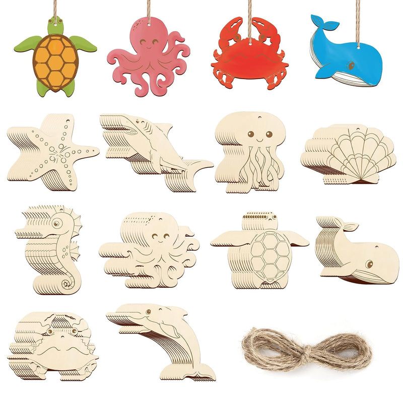 80 Pcs Wooden Sea Ornaments to Paint, 10 Ocean Animal Shapes for DIY Crafts & Decor