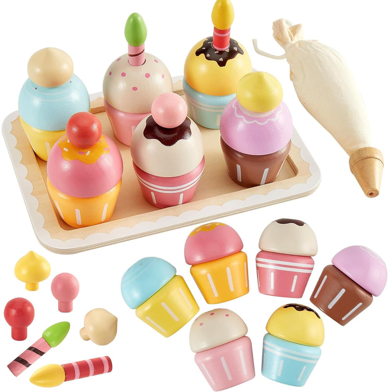 Wooden Cupcakes Toys Pretend Play Food Desserts Kids Baking Set, Kitchen Plays