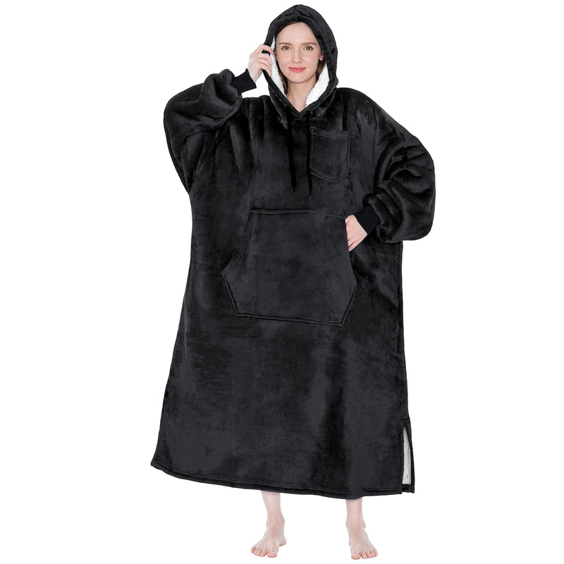Wearable Blanket Sweatshirt For Women Men, Black Long, Warm Cozy Giant Blanket