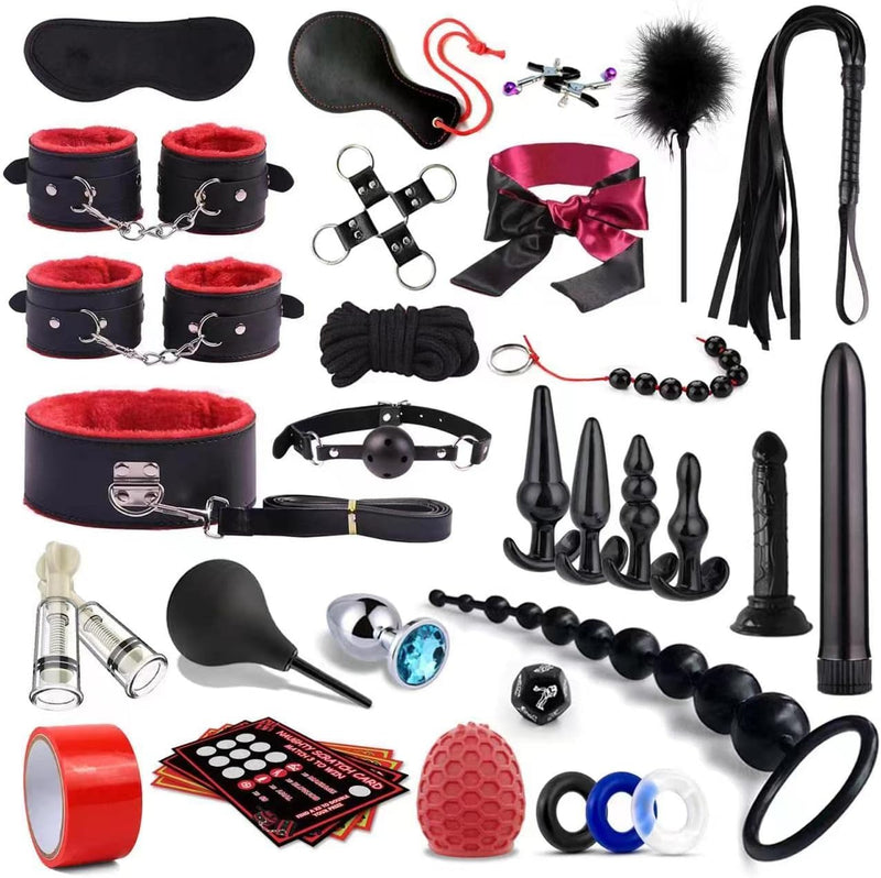 34-Piece Bondage Restraint Set – Adult BDSM Kit with Handcuffs, Anal Toys & More