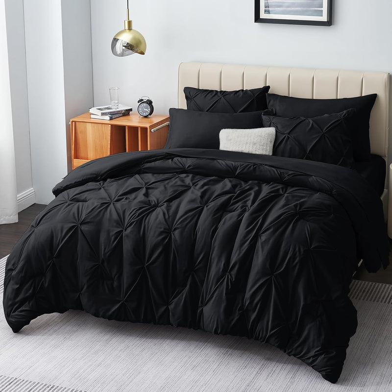 Full Comforter Set - 7 Pieces Comforters Full Size Black, Pintuck Bed In A Bag