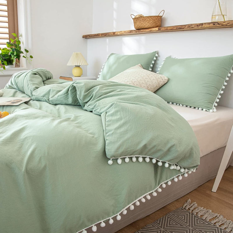 Sage Green Comforter Set Queen Boho Comforter Dark Sea Green Pom Pom Fringe Fa