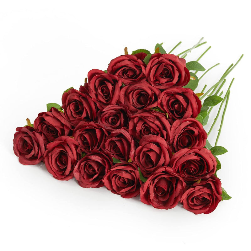20Pcs Artificial Flowers, Silk Flower Realistic Roses Bouquet Long Stem Fake F