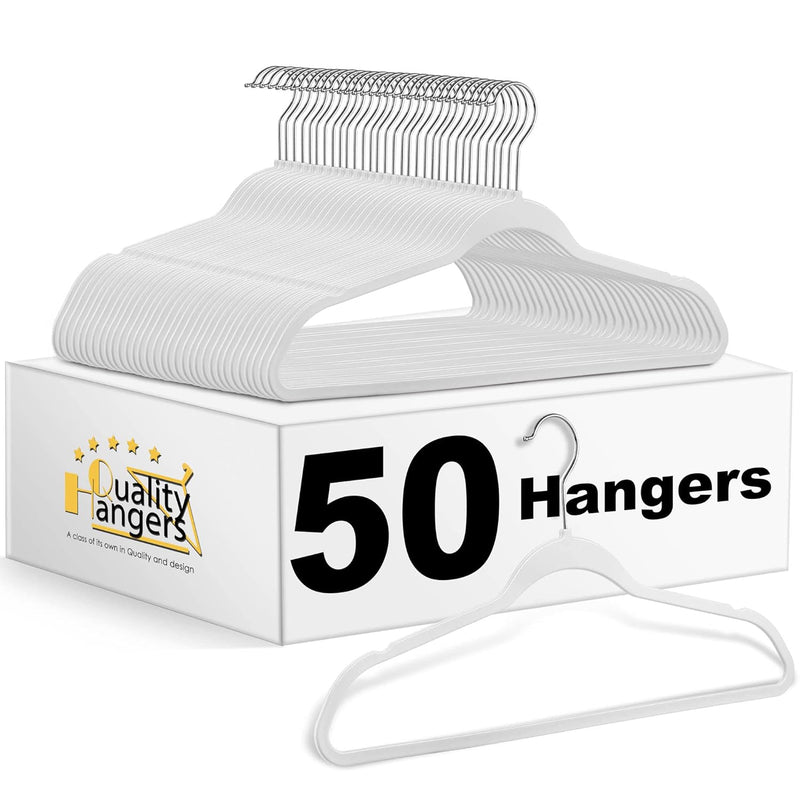 Quality Hangers 50 Pack Non-Velvet Plastic Hangers for Clothes - Heavy Duty Coat Hanger Set - Space-Saving Closet Hangers with Chrome Swivel Hook, Functional Non-Flocked Hangers - Cream White