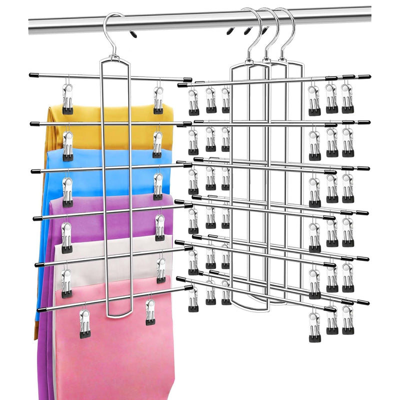 3 Pack Closet-Organizer-Pants-Hangers-Space-Saving,Metal Closet-Organizers-and-Storage,6 Tier Organization and Storage Short Skirt Hangers Cilp,Dorm Room Essentials for College Students Girls Boys Guy